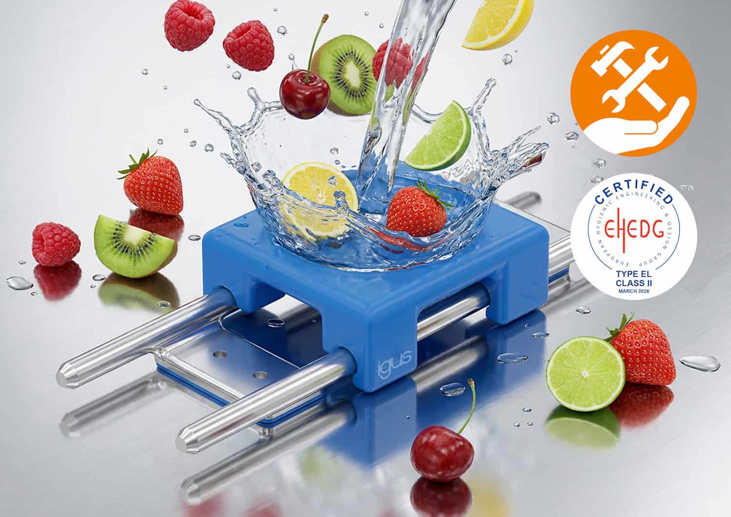 Fruit juicer with fresh berries and citrus slices, water splash, and certified safety icon.