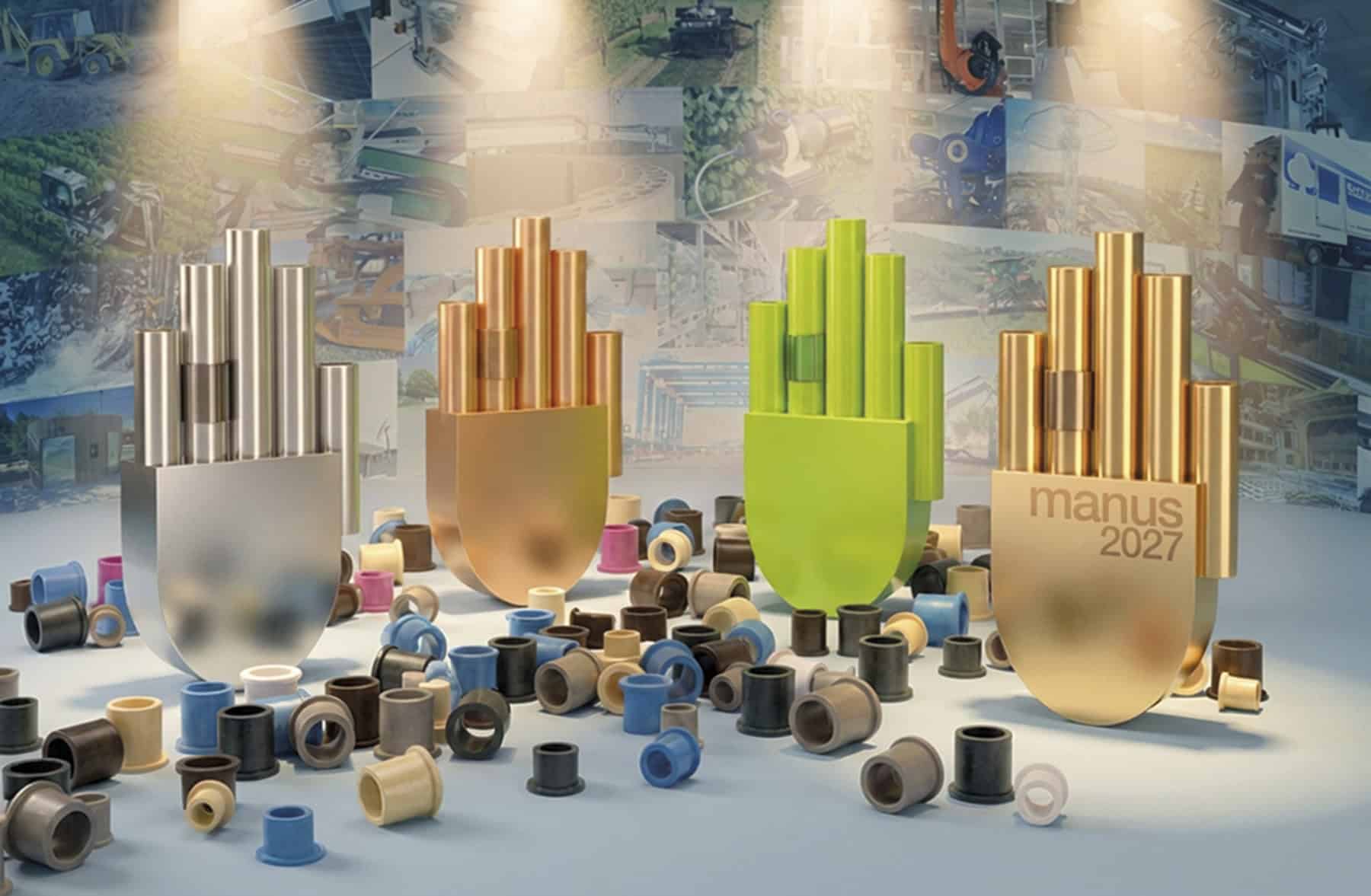 Innovative trophies with metallic and colorful designs for Manus Award 2027.