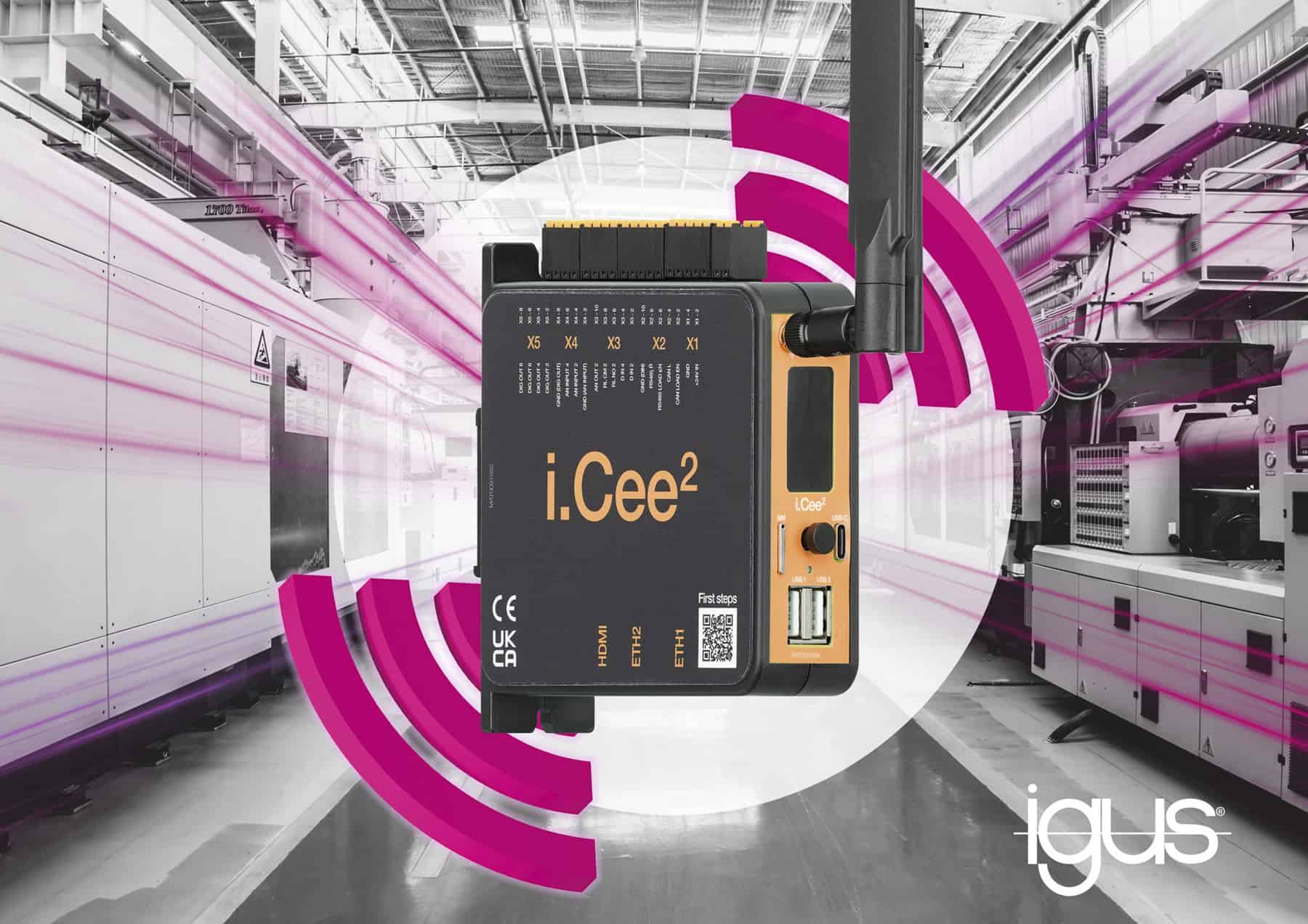 Industrial automation device i.Cee2 with wireless connectivity in factory setting.